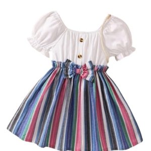 TAGAS Toddler Girls Striped Print Puff Sleeve Bow Front Dress