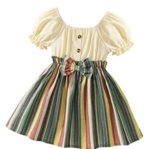 TAGAS Toddler Girls Striped Print Puff Sleeve Bow Front Dress - Green, 12-18M
