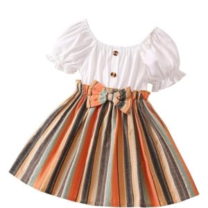 TAGAS Toddler Girls Striped Print Puff Sleeve Bow Front Dress - Orange, 12-18M