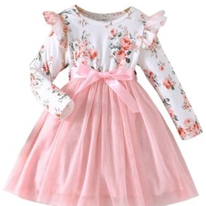 Niren Enterprise Girls Modal and net Fabric Full Sleeve Knee Length Frock - 2-3Y, Pink